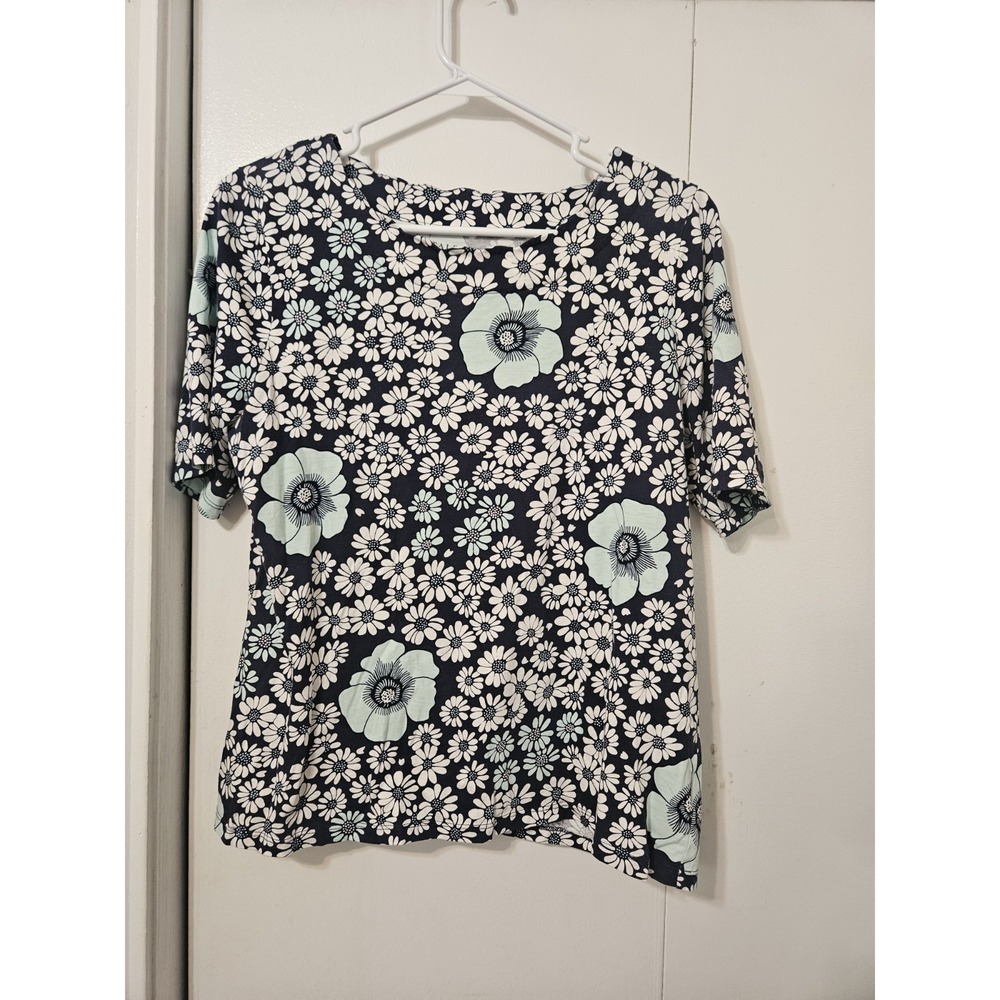 Talbots Navy Floral Top Ditsy Daisy Flower Accents. Large Petite